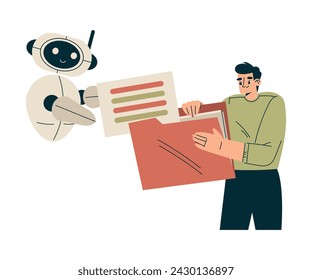 Artificial Intelligence with Man Character with Bot Search for Document in Folder Vector Illustration