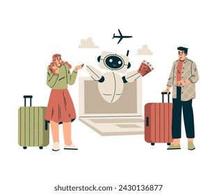 Artificial Intelligence with Man and Woman Character Book Tickets with Bot Vector Illustration