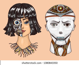 Inteligencia artificial. Hombre y mujer con la mitad de la cara del robot. Replicante para Android. Dibujado a mano Tecnología del futuro. Antiguas Grabado Monocromo Boceto.