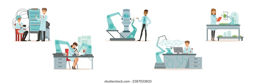 Artificial Intelligence with Man and Woman Scientists in Laboratory Working on Innovations Vector Set