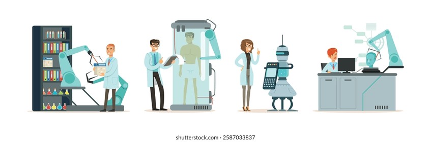 Artificial Intelligence with Man and Woman Scientists in Laboratory Working on Innovations Vector Set