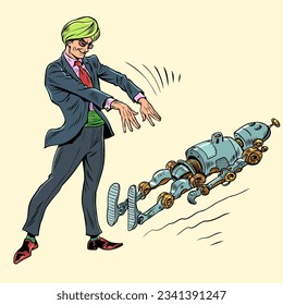 Artificial intelligence management. The impact of scammers on the Internet and technology. A man in glasses, a turban and a suit affects the robot. Pop Art Retro Vector Illustration Kitsch Vintage 50s