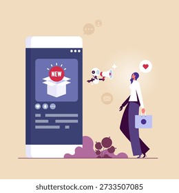Inteligencia artificial gestiona campañas publicitarias automatizadas, asistente de robot con megáfono trabajando en contenido publicitario o producto online, promociones online