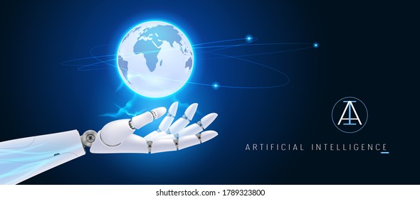 Artificial intelligence manages big data, global information vector background. Robotic hand working with virtual HUD graphic interface blue color illustration