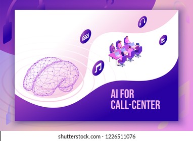 Artificial intelligence manages call center, isometric 3d vector illustration, customer service and mobile support landing page, operator with headphone, contact centre concept