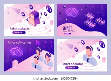 Artificial intelligence manages call center, isometric 3d vector illustration set, customer service and mobile support landing page, operator with headphone, contact centre concept