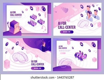 Artificial intelligence manages call center, isometric 3d vector illustration set, customer service and mobile support landing page, operator with headphone, contact centre concept
