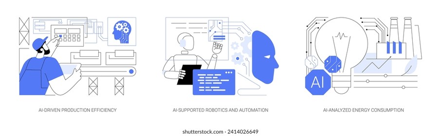 Inteligencia artificial en la fabricación conjunto abstracto concepto de ilustración vectorial. Eficiencia de producción impulsada por IA, robótica y automatización, metáfora abstracta de consumo de energía analizada por IA.