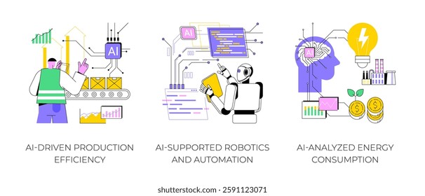 Artificial Intelligence in Manufacturing abstract concept vector illustration set. AI-Driven Production Efficiency, Robotics and Automation, AI-Analyzed Energy Consumption abstract metaphor.