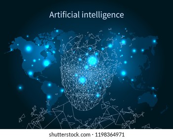 Artificial intelligence map network poster person illuminated vector. Digital brain resembling human mind.Smart clever intellect of robot or cyborg.