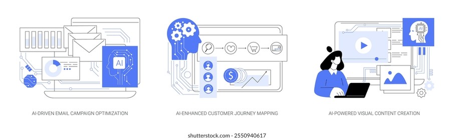 Inteligência Artificial em Marketing conceito abstrato vetor ilustração conjunto. Otimização da campanha de e-mail orientada por IA, mapeamento da jornada do cliente, metáfora abstrata de criação de conteúdo visual com IA.