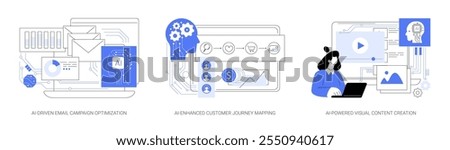 Artificial Intelligence in Marketing abstract concept vector illustration set. AI-Driven Email Campaign Optimization, Customer Journey Mapping, AI-Powered Visual Content Creation abstract metaphor.