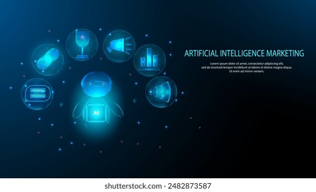 Artificial intelligence marketing concepts. Robot Machine learning research content marketing. abstract technology blue background