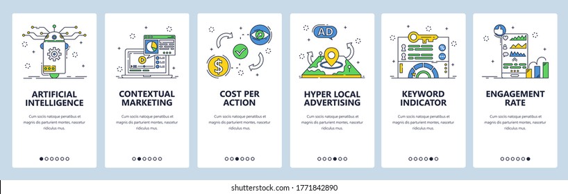 Artificial intelligence and marketing, contextual advertising, local ad, engagement rate. Mobile app screens. Vector banner template for website and mobile development. Web site design illustration.