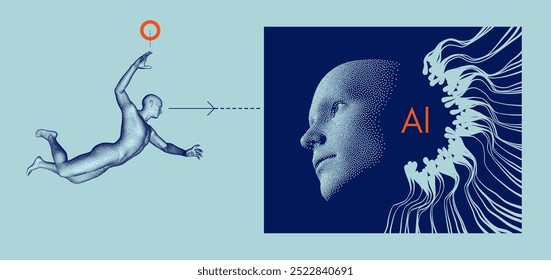 A inteligência artificial com uma máscara em forma de rosto humano estuda o movimento corporal de um atleta em um salto. O cientista pensa. O conceito de descoberta, exploração, tecnologia e robótica