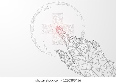 Artificial Intelligence In Medical Industry With Connecting Lines, Cross And Dots.  Neurotechnologies And Ai Technology Concept Background. Complex Medical Data Learning.