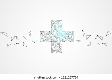 Artificial intelligence in medical industry with connecting lines, cross and dots.  Neurotechnologies and Ai technology concept background. Complex medical data learning. Polygonal Space vector.