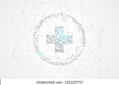 Artificial intelligence in medical industry with connecting lines, cross and dots.  Neurotechnologies and Ai technology concept background. Complex medical data learning. Polygonal Space vector.