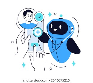 Artificial intelligence in medicine. Ai robot character with doctor stethoscope consulting patient in smartphone app. Healthcare technology concept. Vector illustration.