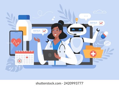 Artificial intelligence in medicine business concept. Modern vector illustration of doctor using AI technology to search medical data and help patient diagnosis and  treatment