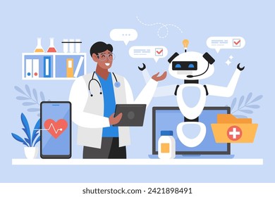 Artificial intelligence in medicine business concept. Modern vector illustration of doctor using AI technology to search medical data and help patient diagnosis and  treatment