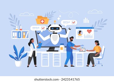 Artificial intelligence in medicine business concept. Modern vector illustration of doctor using AI technology to search medical data and help patient diagnosis and  treatment