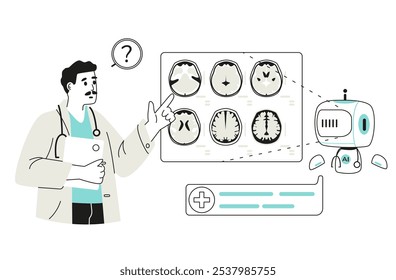 Artificial intelligence in medicine concept linear vector illustration isolated on white. Medical worker using AI for brain MRI scan analysis.