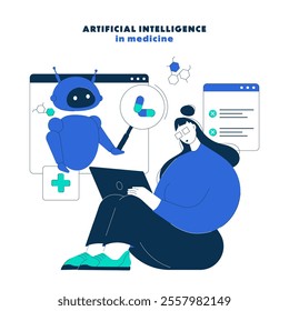 Artificial intelligence in medicine. Diagnosis and research using artificial intelligence. AI assistant in medicine. Flat vector illustration