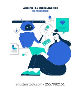 Artificial intelligence in medicine. Diagnosis and research using artificial intelligence. AI assistant in medicine. Flat vector illustration