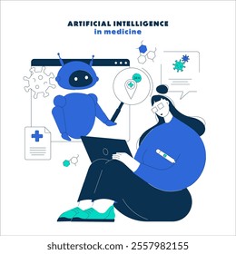 Artificial intelligence in medicine. Diagnosis and research using artificial intelligence. AI assistant in medicine. Flat vector illustration