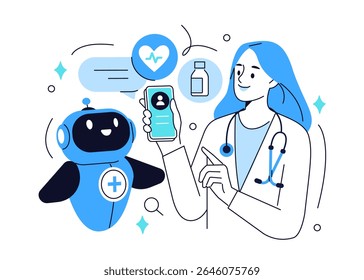 Artificial intelligence in medicine. Doctor character uses ai app for patient diagnosis, medical analysis. Healthcare technology concept. Vector illustration.