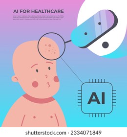 Artificial intelligence in medicine. Future technologies. The robot helps to treat children's allergies. Skin irritation in children. Flat vector illustration.