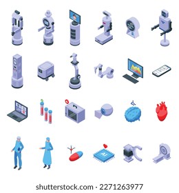 Artificial intelligence in medicine icons set isometric vector. Ai healthcare. Medical robot