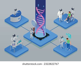 Inteligencia artificial en la composición isométrica de la medicina con médicos de ai e investigadores que examinan pacientes y trabajan en la ilustración de vector de laboratorio