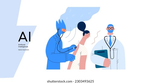 Artificial intelligence, Medicine -modern flat vector concept illustration of AI auscultating patient with stethoscope. Human doctor nearby. Metaphor of AI advantage, superiority and dominance concept