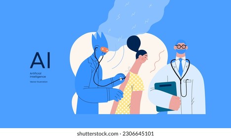 Artificial intelligence, Medicine -modern flat vector concept illustration of AI auscultating patient with stethoscope. Human doctor nearby. Metaphor of AI advantage, superiority and dominance concept