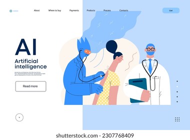 Artificial intelligence, Medicine -modern flat vector concept illustration of AI auscultating patient with stethoscope. Human doctor nearby. Metaphor of AI advantage, superiority and dominance concept