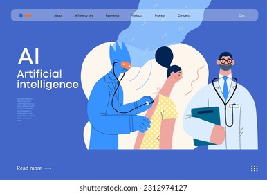 Artificial intelligence, Medicine -modern flat vector concept illustration of AI auscultating patient with stethoscope. Human doctor nearby. Metaphor of AI advantage, superiority and dominance concept