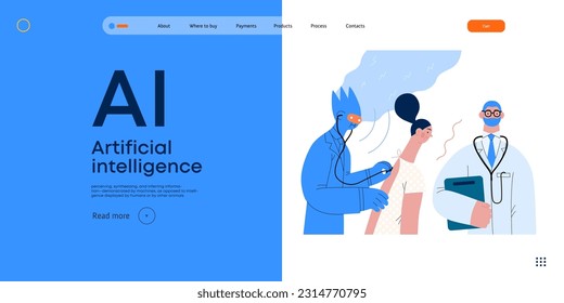 Artificial intelligence, Medicine -modern flat vector concept illustration of AI auscultating patient with stethoscope. Human doctor nearby. Metaphor of AI advantage, superiority and dominance concept