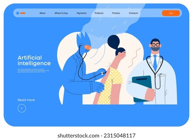 Artificial intelligence, Medicine -modern flat vector concept illustration of AI auscultating patient with stethoscope. Human doctor nearby. Metaphor of AI advantage, superiority and dominance concept