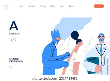 Artificial intelligence, Medicine -modern flat vector concept illustration of AI auscultating patient with stethoscope. Human doctor nearby. Metaphor of AI advantage, superiority and dominance concept