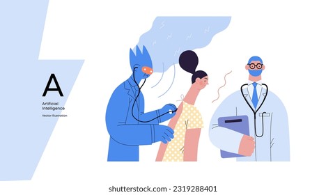 Artificial intelligence, Medicine -modern flat vector concept illustration of AI auscultating patient with stethoscope. Human doctor nearby. Metaphor of AI advantage, superiority and dominance concept