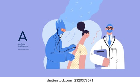 Artificial intelligence, Medicine -modern flat vector concept illustration of AI auscultating patient with stethoscope. Human doctor nearby. Metaphor of AI advantage, superiority and dominance concept