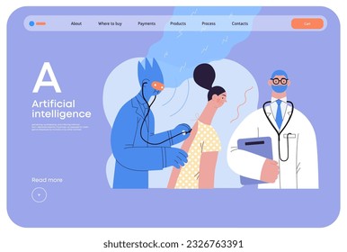 Artificial intelligence, Medicine -modern flat vector concept illustration of AI auscultating patient with stethoscope. Human doctor nearby. Metaphor of AI advantage, superiority and dominance concept