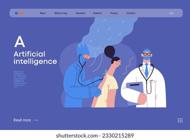 Artificial intelligence, Medicine -modern flat vector concept illustration of AI auscultating patient with stethoscope. Human doctor nearby. Metaphor of AI advantage, superiority and dominance concept