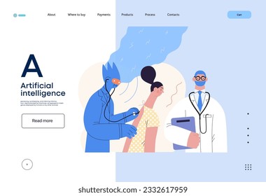 Artificial intelligence, Medicine -modern flat vector concept illustration of AI auscultating patient with stethoscope. Human doctor nearby. Metaphor of AI advantage, superiority and dominance concept