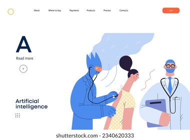 Artificial intelligence, Medicine -modern flat vector concept illustration of AI auscultating patient with stethoscope. Human doctor nearby. Metaphor of AI advantage, superiority and dominance concept