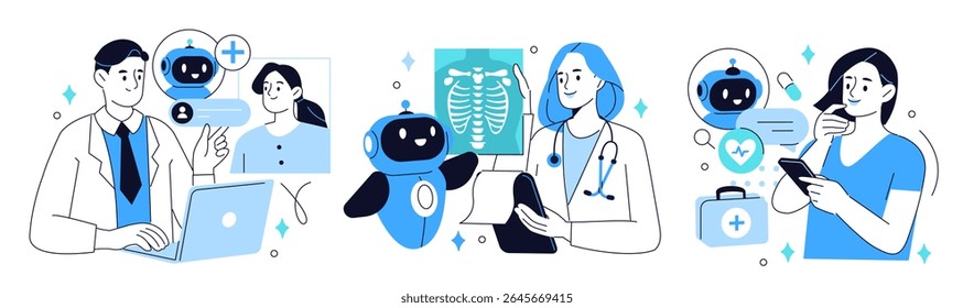 Inteligência artificial em conjunto de remédios. Personagens médicos usam ferramentas de IA para suporte ao paciente, diagnóstico e análise médica. Conceito de tecnologia da área de saúde. Ilustração vetorial.