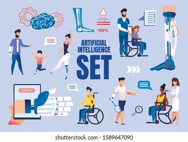 Artificial Intelligence in Medicine Trendy Flat Vector Concepts Set. Injured Female, Male People, Handicapped Adults and Children with Limbs Amputations Using Modern Robotized Prosthesis Illustrations