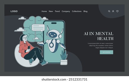 Inteligencia Artificial Concepto de Salud Mental. Mujer charla con un robot de IA sobre bienestar en un App móvil. Diseño de interfaz, innovación en salud. Ilustración vectorial.